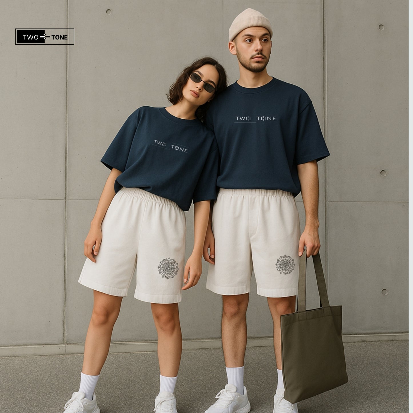 Unisex Navy Blue Oversized T-Shirt & Embroidered White Shorts Co-ord Set | Mandala Art Edition