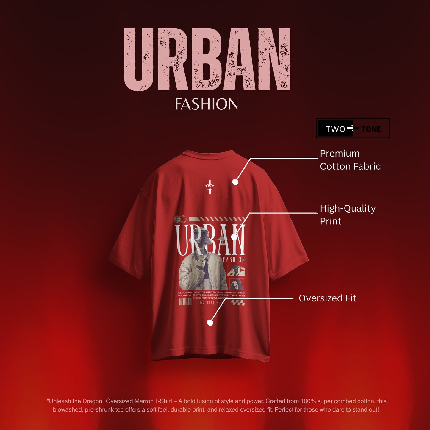 Urban Fashion" Oversized Maroon T-Shirt – Full Back Print (Unisex)
