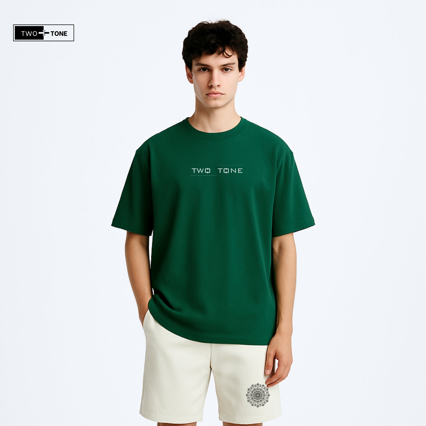 Unisex Bottle Green Oversized T-Shirt & Embroidered White Shorts Co-ord Set | Mandala Art Edition