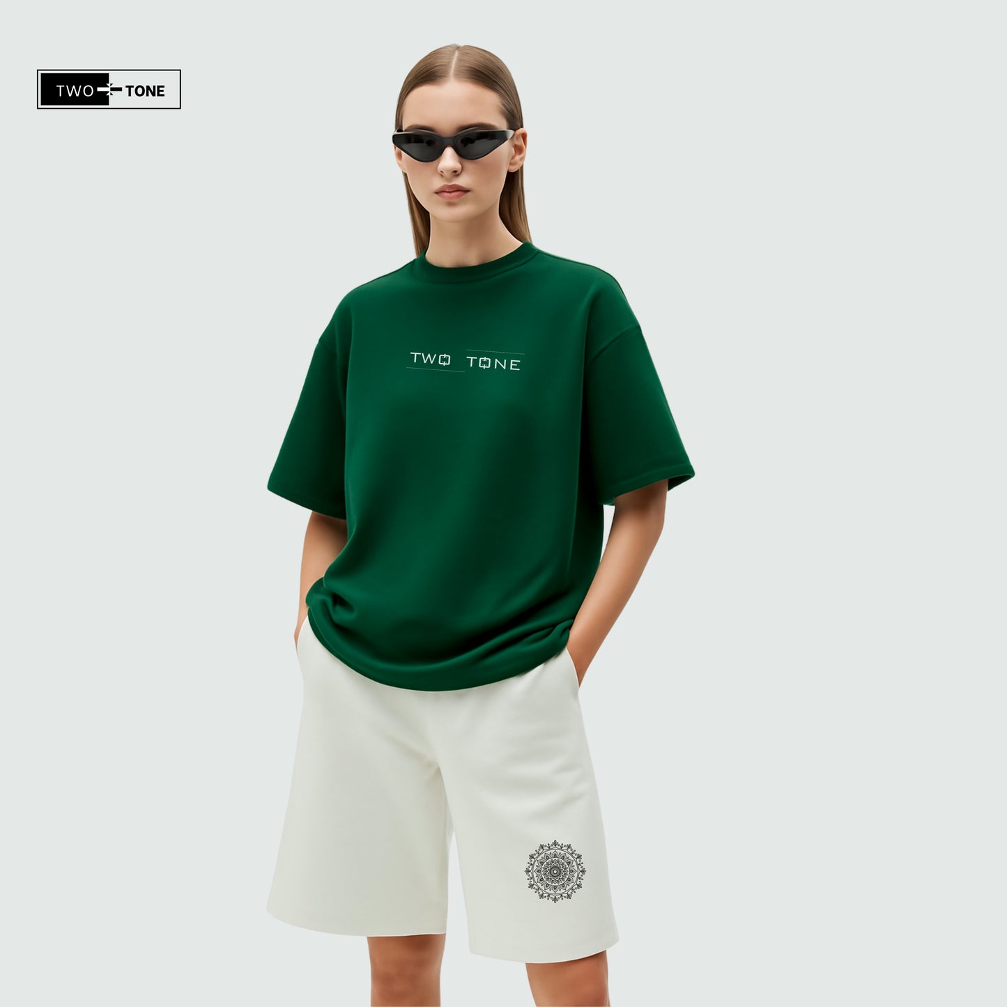 Unisex Bottle Green Oversized T-Shirt & Embroidered White Shorts Co-ord Set | Mandala Art Edition