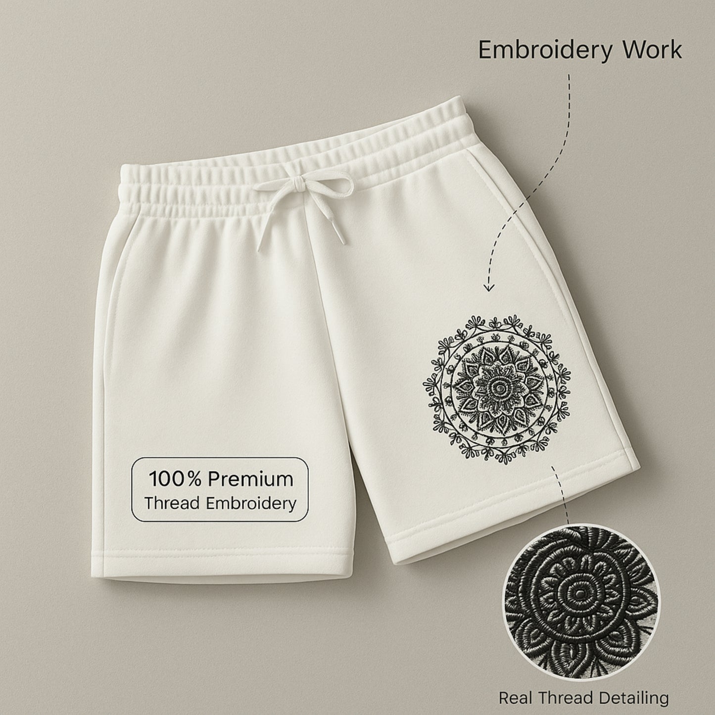 Unisex Oversized White Shorts – Artistic Embroidery Detail