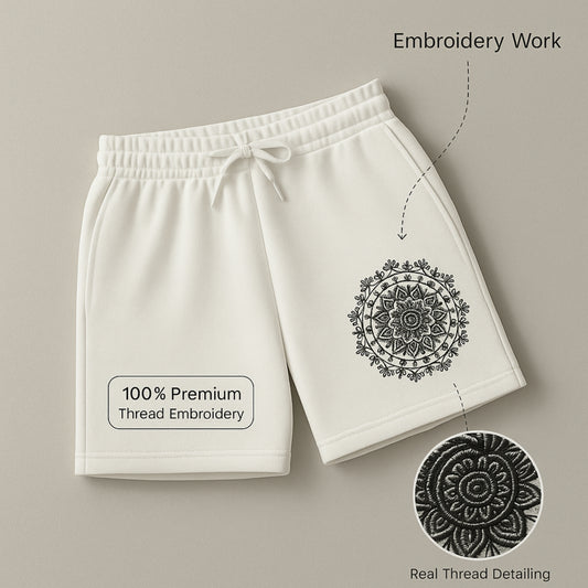 Unisex Oversized White Shorts – Artistic Embroidery Detail