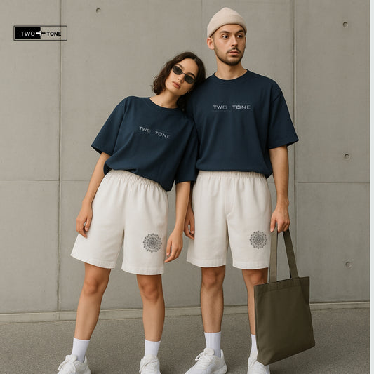 Unisex Navy Blue Oversized T-Shirt & Embroidered White Shorts Co-ord Set | Mandala Art Edition
