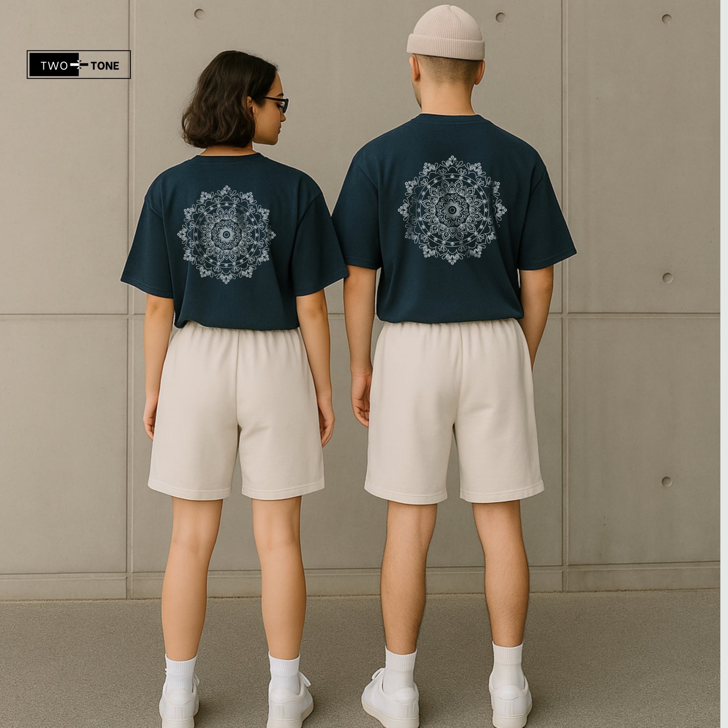 Unisex Navy Blue Oversized T-Shirt & Embroidered White Shorts Co-ord Set | Mandala Art Edition
