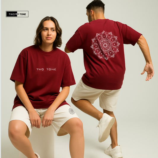 Unisex Maroon Oversized T-Shirt & Embroidered White Shorts Co-ord Set | Mandala Art Edition