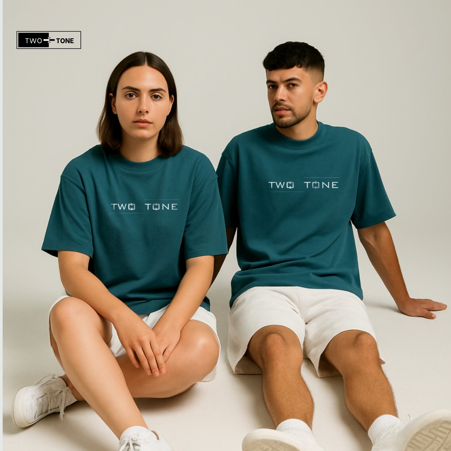 Unisex Petrol Blue Oversized T-Shirt & Embroidered White Shorts Co-ord Set | Mandala Art Edition