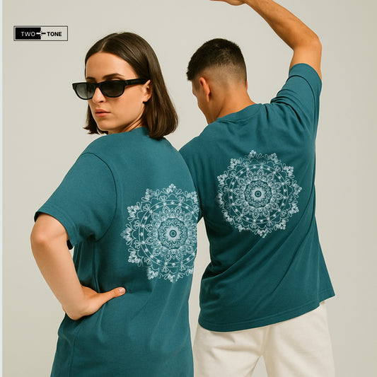 Unisex Petrol Blue Oversized T-Shirt & Embroidered White Shorts Co-ord Set | Mandala Art Edition