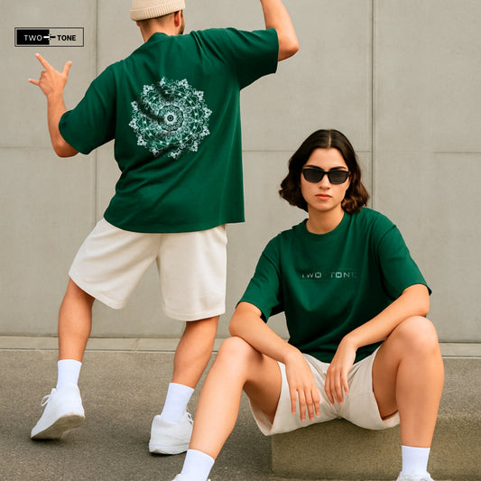Unisex Bottle Green Oversized T-Shirt & Embroidered White Shorts Co-ord Set | Mandala Art Edition